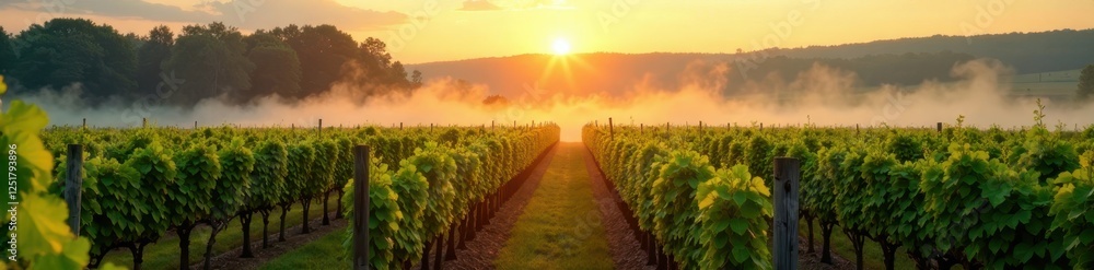 Gentle mist rises from the vineyard as morning sun breaks through the trees, serene, vines, vineyard