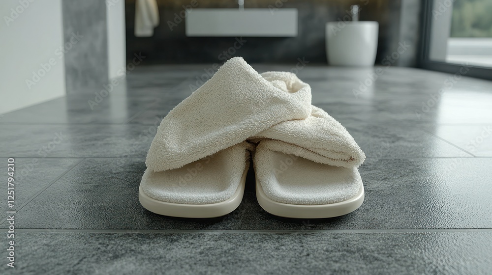 Spa slippers with towel, modern bathroom, relaxation Spa slippers with towel, modern bathroom, relaxation