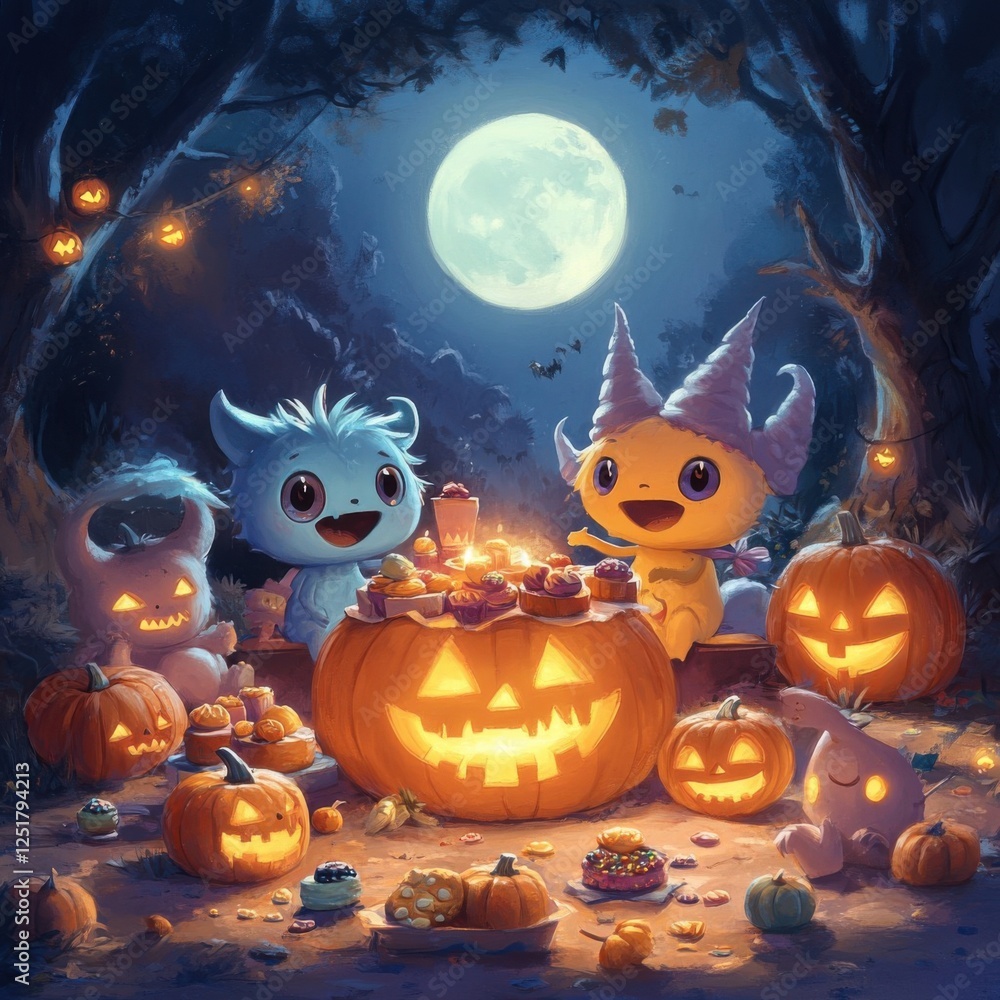 Fototapeta premium Cute Fantasy Creatures Enjoying Halloween Night with Pumpkin Treats