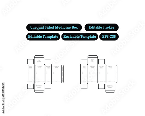 Editable Unequal Sided Medicine Box Template. Editable box Dieline Template for Packaging. Die Cut Template.