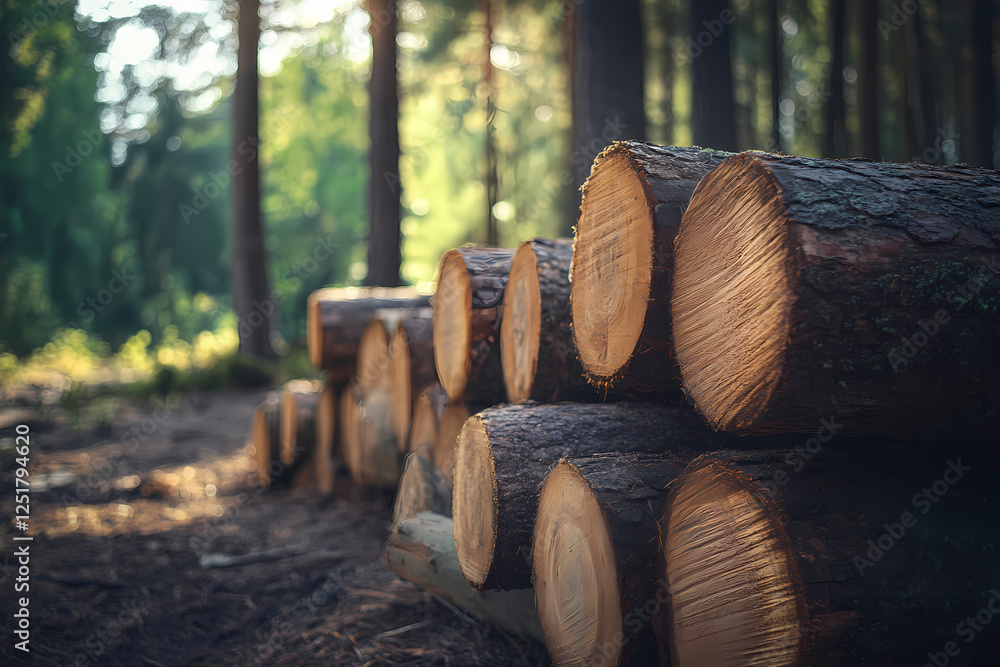 Logs stacked in a serene forest during golden hour light. Generative AI Logs stacked in a serene forest during golden hour light. Generative AI