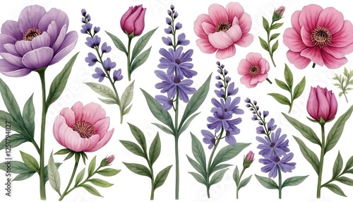 Wallpaper Mural Watercolor set of peonies, lavender, tulip flowers. Purple, pink, violet pastel colors. Collection of hand drawn flowers, botanical plant elements. Elegant spring illustration for wedding design, Torontodigital.ca