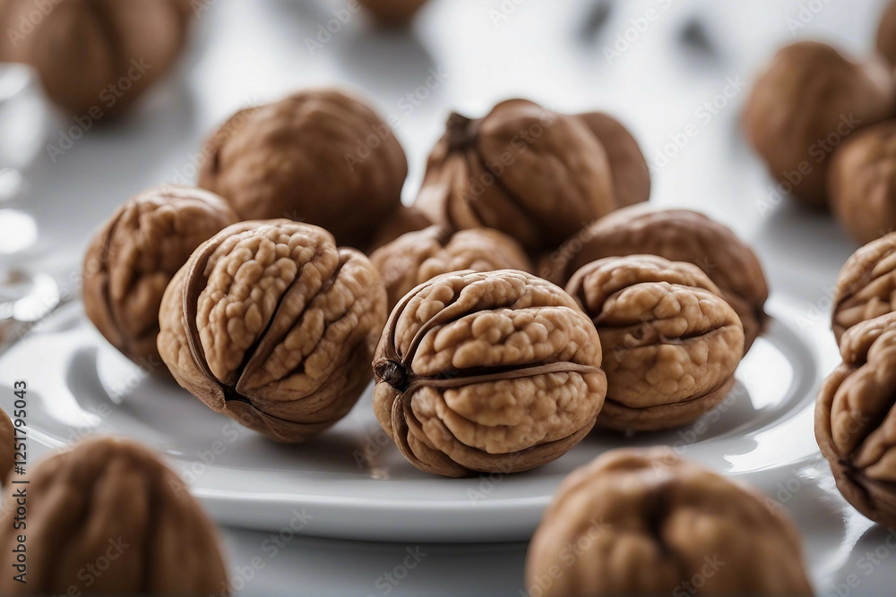 Whole Walnuts and Shelled Walnut Kernels Artfully Displayed on a Table, Generative AI Whole Walnuts and Shelled Walnut Kernels Artfully Displayed on a Table, Generative AI