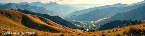 landscape with concentric rings of hills and valleys, earthy, mountains photo