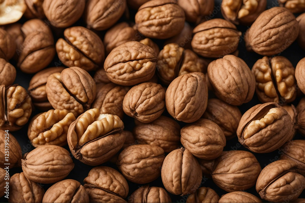 Whole Walnuts and Shelled Walnut Kernels Artfully Displayed on a Table, Generative AI Whole Walnuts and Shelled Walnut Kernels Artfully Displayed on a Table, Generative AI