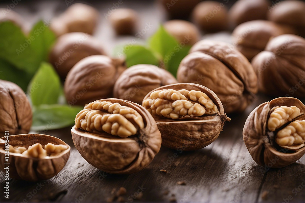 Whole Walnuts and Shelled Walnut Kernels Artfully Displayed on a Table, Generative AI Whole Walnuts and Shelled Walnut Kernels Artfully Displayed on a Table, Generative AI