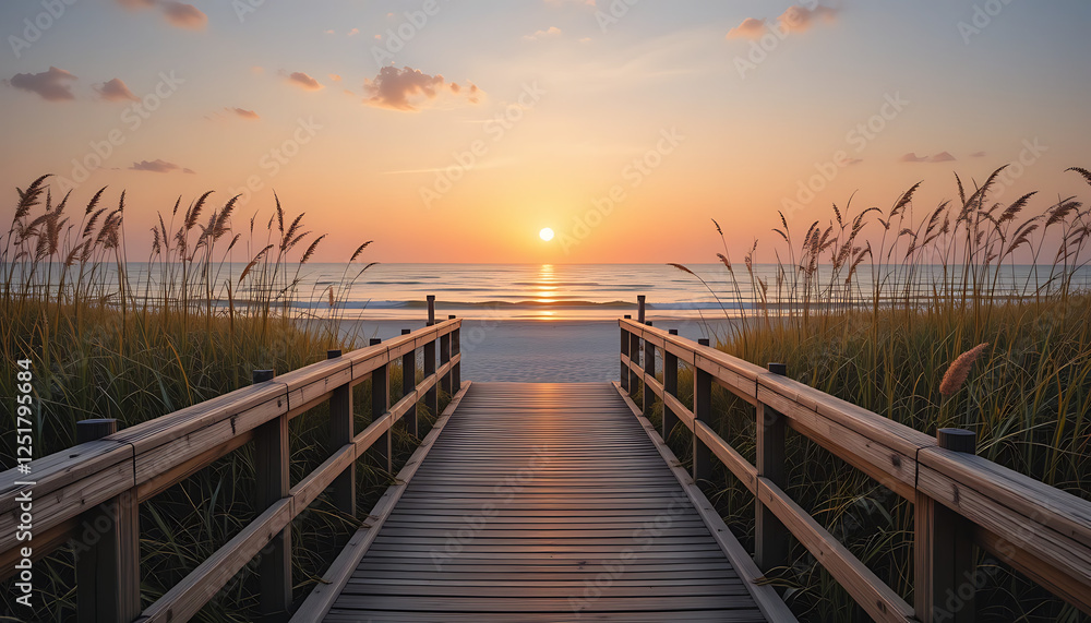 Obraz premium Beach Sunset Scenic Ocean View with Wooden Boardwalk
