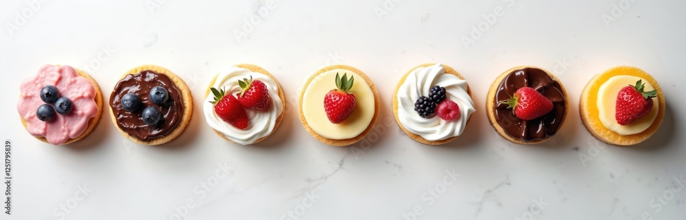 Row of different gourmet tarts on white marble surface. Delicious desserts with chocolate, cream, berries strawberry, raspberry, blueberry, blackberry. Homemade baking small cakes, sweet treats for Row of different gourmet tarts on white marble surface. Delicious desserts with chocolate, cream, berries strawberry, raspberry, blueberry, blackberry. Homemade baking small cakes, sweet treats for
