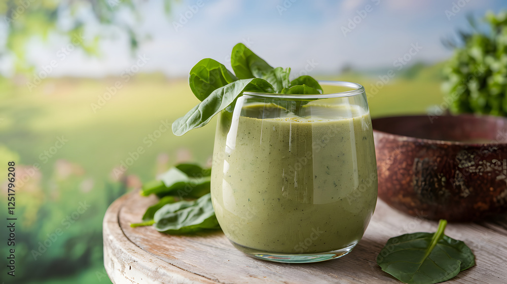 A refreshing green spinach smoothie in a clear glass garnished with fresh spinach leaves, placed on a table with a blurred lush garden background. Perfect for healthy lifestyle and nutrition concepts. A refreshing green spinach smoothie in a clear glass garnished with fresh spinach leaves, placed on a table with a blurred lush garden background. Perfect for healthy lifestyle and nutrition concepts.