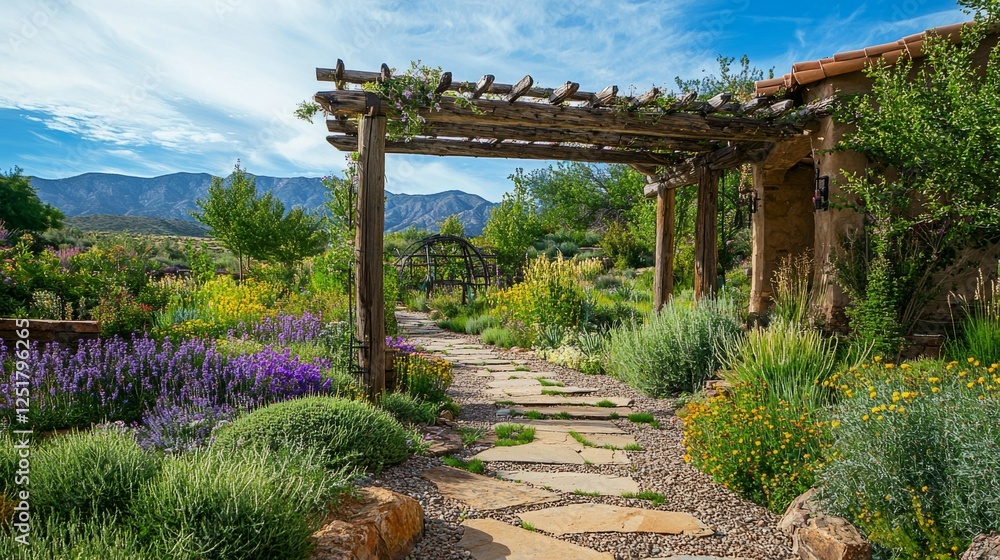Obraz premium Serene Garden Pathway Surrounded by Colorful Blooms and Greenery