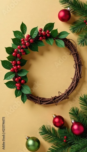 Red and green Christmas berry wreath on tan background, green, ornaments photo