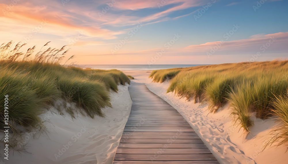 Beach Sunset Scenic Ocean View with Wooden Boardwalk Beach Sunset Scenic Ocean View with Wooden Boardwalk