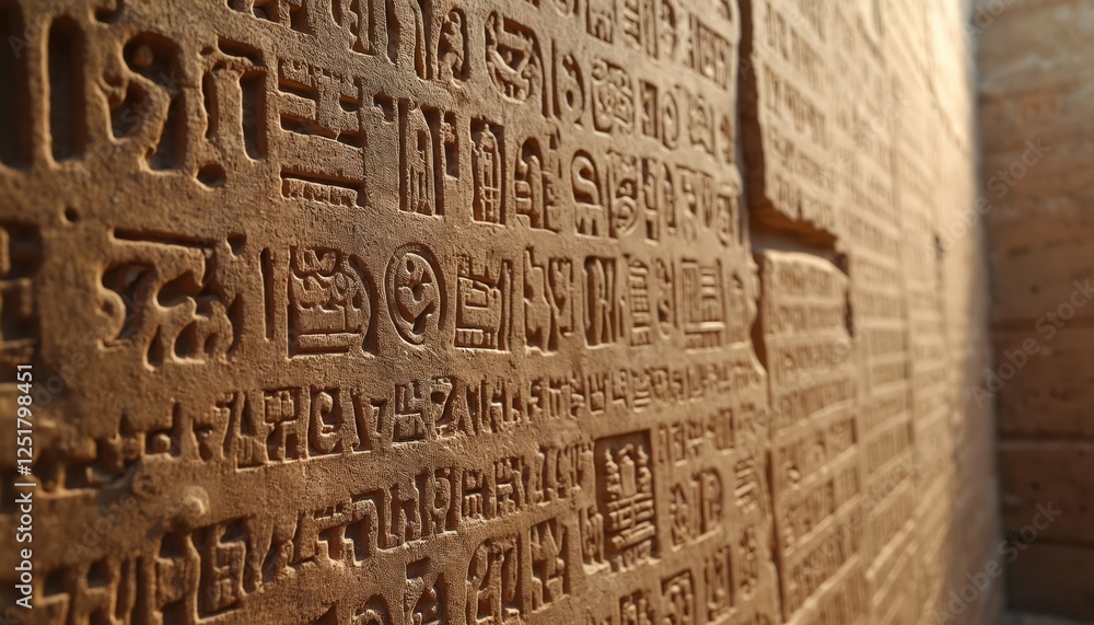 Fototapeta premium Close-up on ancient civilization stone wall carvings. Undeciphered cuneiform, hieroglyphs like Sumerian, Babylonian, Egyptian writing. Concept of history, mystery, script, secret, puzzle, signs,