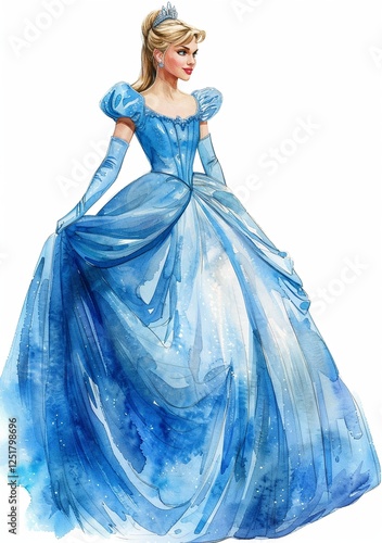 A watercolor painting of a young woman in a beautiful blue ball gown. She wears a tiara and looks elegant and graceful.