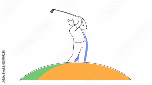 A golfer swings a club on a stylized hill, with dynamic lines indicating motion. The scene is minimalistic, featuring green and orange color sections on the ground.AI