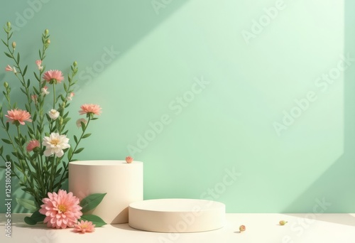 Wallpaper Mural 3D podium with spring floral and spring leaf background ,minimalist style Torontodigital.ca