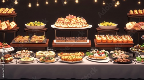 A lavish buffet table filled with an array of delicious food, including savory appetizers, delectable pastries, and sweet desserts, perfect for a special event or celebration. photo