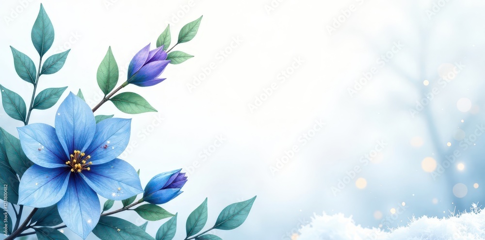 Watercolour blue and purple flowers with leaves in a corner, wintervibes, greeneryarrangement, freshlook Watercolour blue and purple flowers with leaves in a corner, wintervibes, greeneryarrangement, freshlook