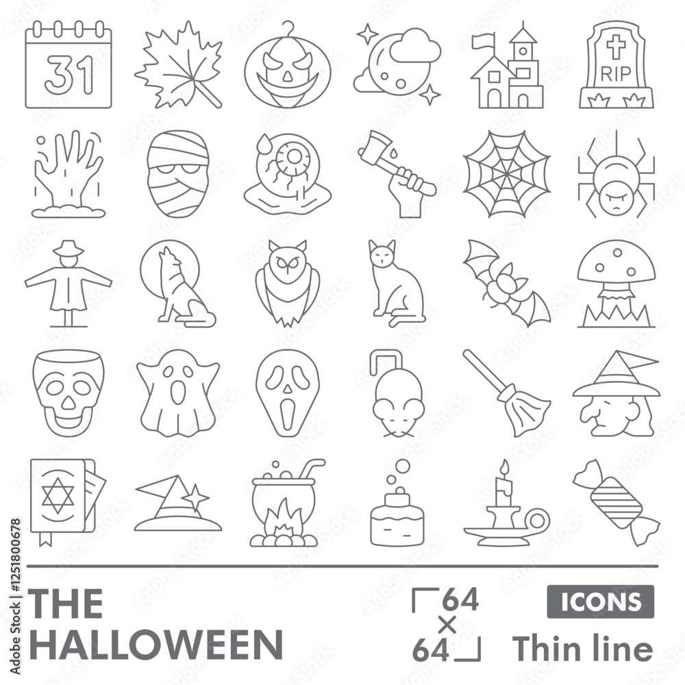 Fototapeta premium Halloween symbols collection or sketches. Party theme icons in thin line style signs for web and app. Vector graphics isolated on white background.