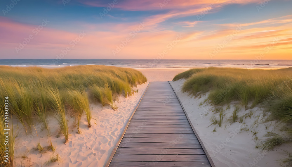 Beach Sunset Scenic Ocean View with Wooden Boardwalk Beach Sunset Scenic Ocean View with Wooden Boardwalk