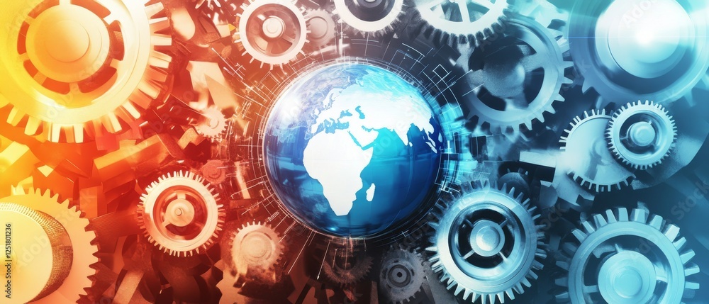 Digital artwork of globe surrounded by gears, symbolizing technology and innovation Digital artwork of globe surrounded by gears, symbolizing technology and innovation