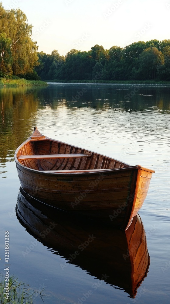 Obraz premium Wooden Boat Floating Calmly on Serene Lake at Sunset