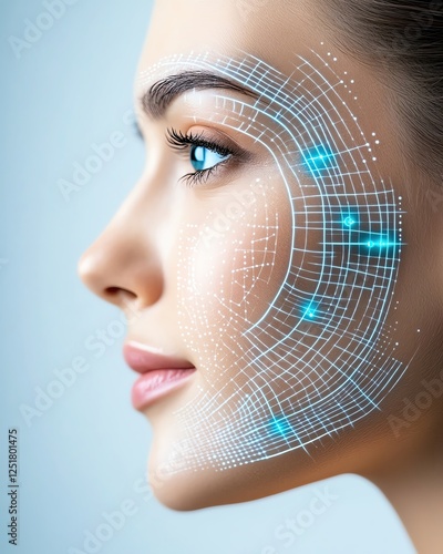 A futuristic smart mirror displaying an AI-powered skincare analysis interface, showing hydration levels and skin texture improvement over time