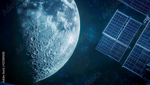 Fototapeta Naklejka Na Ścianę i Meble -  A photograph depicting the moon, a space station, and solar panels in the background, with stars in the sky. The image is highly realistic and cinematic in style