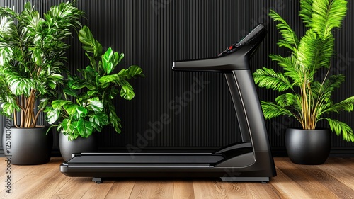 A sleek, space saving foldable treadmill placed in a modern home, designed for convenient indoor workouts. Centered composition and uncropped view edge. photo