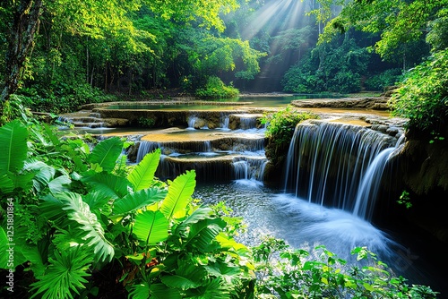 Huai Mae Khamin Waterfall, Kanchanaburi, Thailand - A surreal long-exposure capture of Huai Mae Khamin Waterfall, where silky water cascades down layered limestone terraces, surrou photo