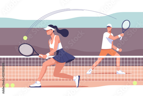 Tennis match. Popular sport. A man and woman compete in a tennis match. The court is sunny and vibrant. Vector illustration in a minimalistic style.