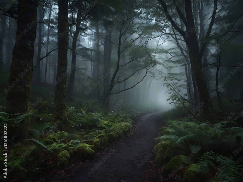 Fototapeta premium Misty Forest Path Green Ferns Foggy Woods Nature Trail