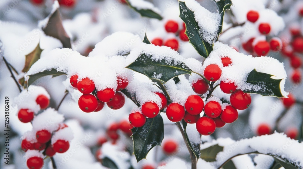 Winter Holly Berries with Snow on Green Leaves in a Frosty Scene Winter Holly Berries with Snow on Green Leaves in a Frosty Scene