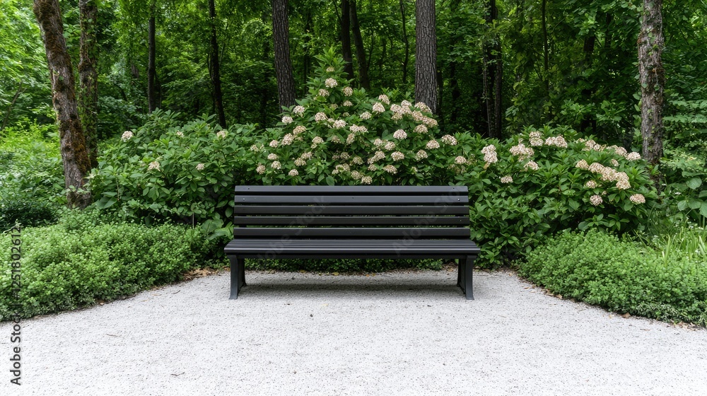 Park bench solitude, tranquil garden, white gravel path, green foliage Park bench solitude, tranquil garden, white gravel path, green foliage
