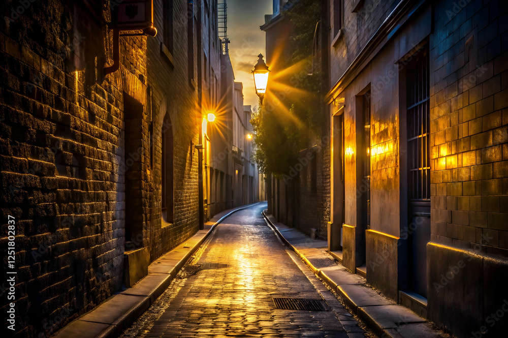 Obraz premium Cityscapes Photography, A narrow, illuminated alleyway at dusk, featuring vintage lanterns and cobblestone streets, evoking a serene yet mysterious atmosphere.