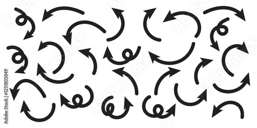 Doodle arrows. Hand drawn line pointers, pencil sketch elements, round curly wavy direction arrows. Vector linear black arrow set isolated on white and black background.