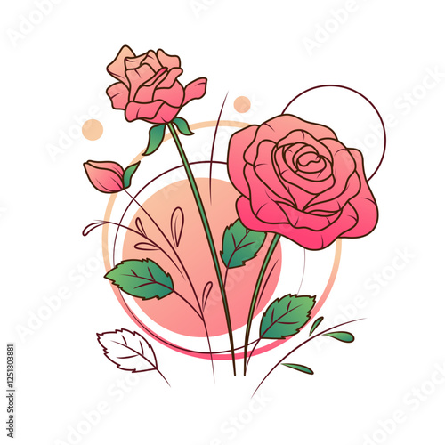 Vector illustration of rose flowers. Bright composition of rose, leaves for design, card, poster, flower shop decoration.