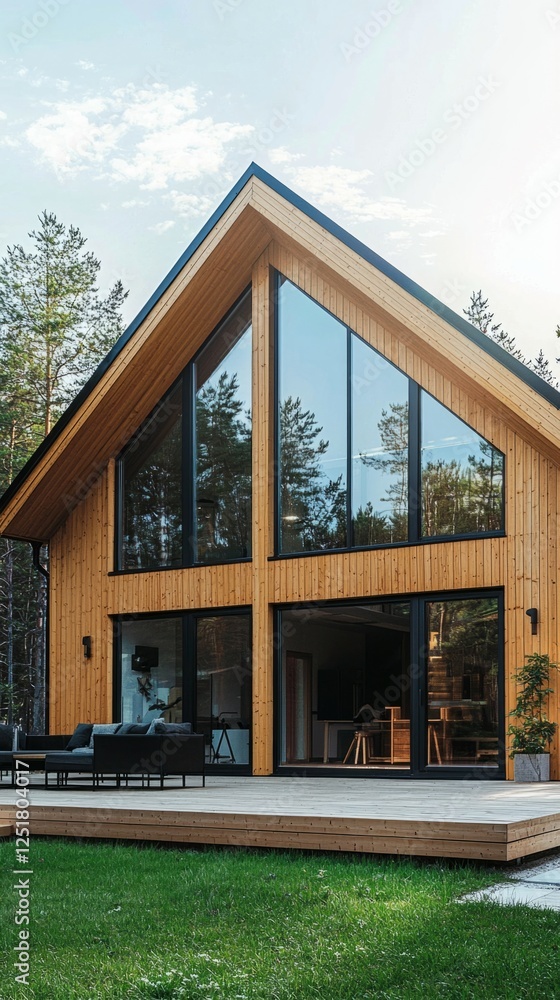 Fototapeta premium Modern Wooden House Surrounded by Green Nature in Sunny Environment