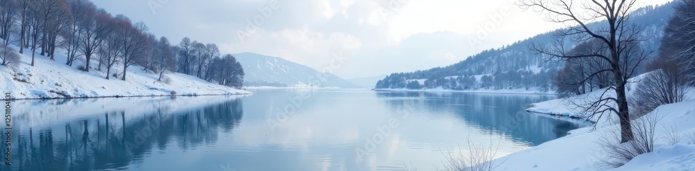 Frozen lake in the background with bare trees and snow-covered hills, bare trees, icy terrain Frozen lake in the background with bare trees and snow-covered hills, bare trees, icy terrain