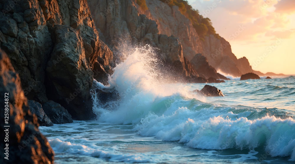 Dramatic seaside cliffs with powerful ocean waves and a stunning golden sunset creating a vibrant coastal landscape