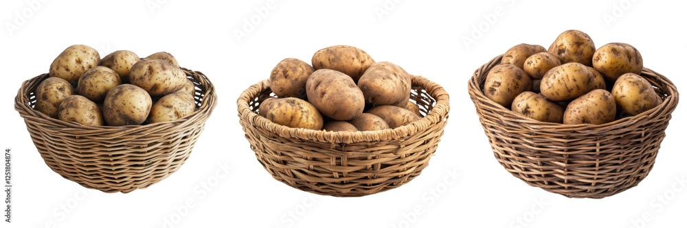 A Set of Rustic Baskets Brimming with Fresh Irish Potatoes Isolated on Transparent Background A Set of Rustic Baskets Brimming with Fresh Irish Potatoes Isolated on Transparent Background