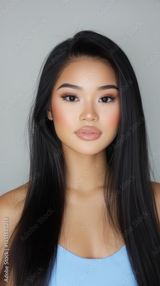 Beauty photoshoot featuring an Asian woman with long black hair in light blue against a solid background showcasing her captivating features Beauty photoshoot featuring an Asian woman with long black hair in light blue against a solid background showcasing her captivating features