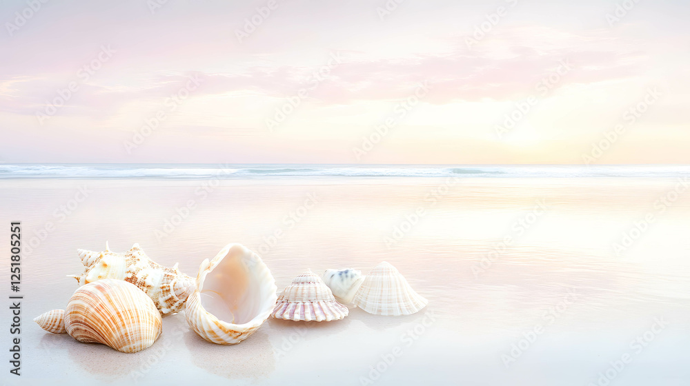 Tranquil Beach Scene with Beautiful Seashells at Sunset Horizon Tranquil Beach Scene with Beautiful Seashells at Sunset Horizon