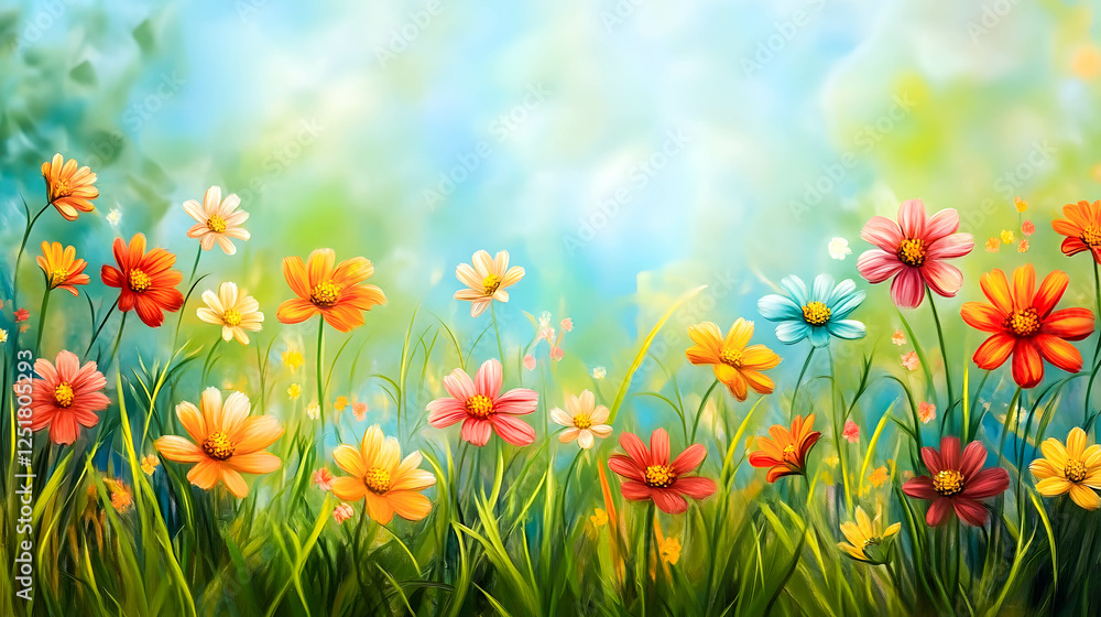 Naklejka premium Vibrant Floral Background with Colorful Flowers and Soft Blur Effect