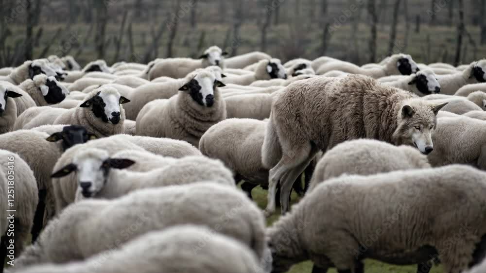 Rural sheep herd discovers hidden predator. White wool flock harbors lone gray wolf amid pastoral landscape setting. Static wide composition. Rural sheep herd discovers hidden predator. White wool flock harbors lone gray wolf amid pastoral landscape setting. Static wide composition.