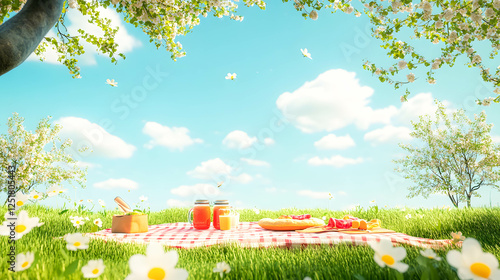 Sunny Picnic Scene on Lush Green Grass Under Flowering Trees