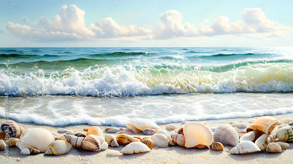 Scenic Shoreline with Seashells and Gentle Ocean Waves at Sunset Scenic Shoreline with Seashells and Gentle Ocean Waves at Sunset