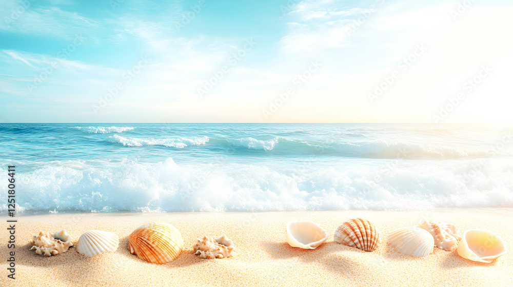 Beautiful Beach Scene with Seashells on Sandy Shoreline at Sunrise Beautiful Beach Scene with Seashells on Sandy Shoreline at Sunrise