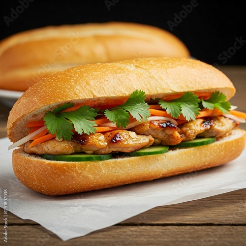 A Vietnamese banh mi sandwich filled with grilled lemongrass chicken, pickled vegetables, and fresh cilantro on a crispy baguette.