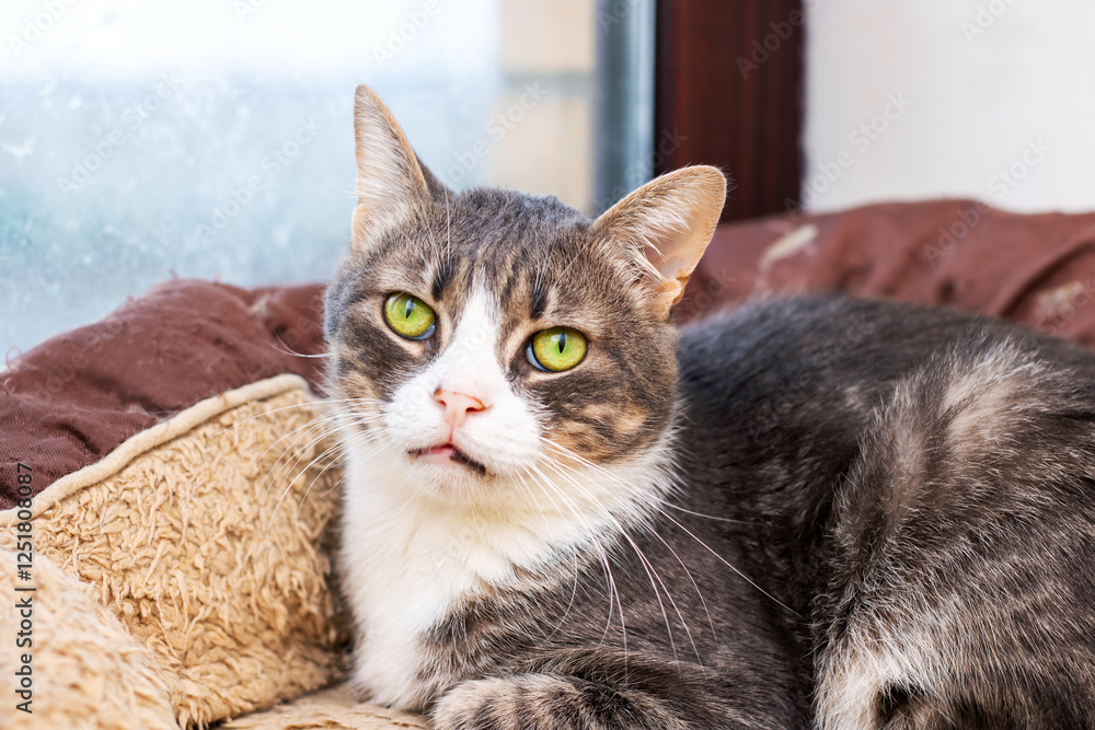 A curious cat with striking green eyes is comfortably laying on a bed A curious cat with striking green eyes is comfortably laying on a bed
